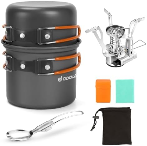 Odoland camping cookware mess kit with pot stove and spork