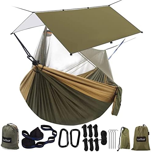 Sunyear Hammock Camping with Rain Fly Tarp and Net, Portable Camping Hammock Double Tree Hammock Outdoor Indoor Backpacking Travel & Survival, 2 Tree Straps,100% Waterproof Black Bundle