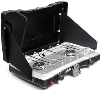 Coleman Triton+ 2-Burner Propane Camping Stove with InstaStart Ignition, Portable Camping Cooktop with 2 Adjustable Burners & Wind Guards, 22,000 BTUs of Power for Camping, Tailgating, Grilling
